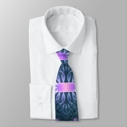Cravate motif d'art fractal 3D Turquoise violet rose (Attaché)
