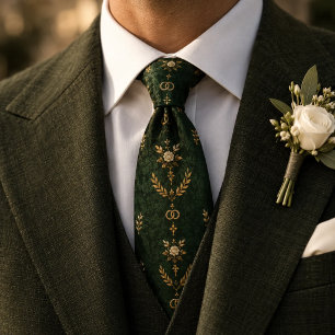 Cravate Motif de bague de mariage Rose Or Vert Forêt
