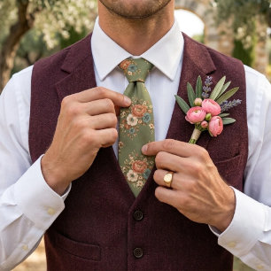 Cravate Motif de bouquet en chintz vert sauge rose carmin