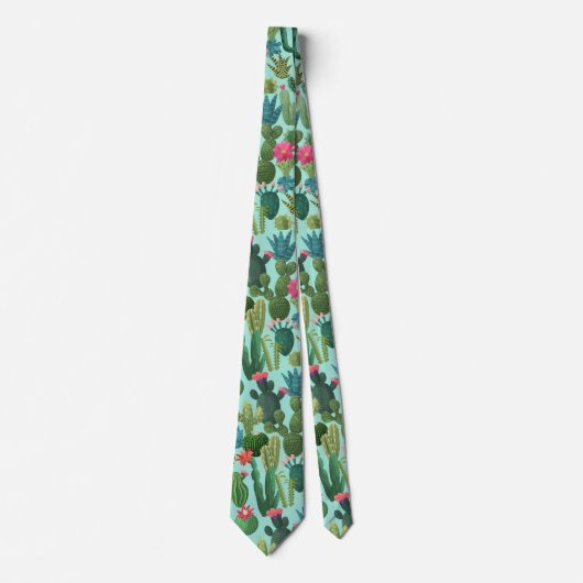Cravate Motif de cactus Turquoises verts en fleurs (Devant)