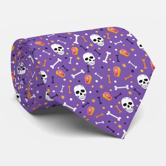 Cravate Motif de café d'Halloween violet os crâne (Roulé)