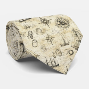 Cravate Motif de carte nautique vintage avec navires et bo