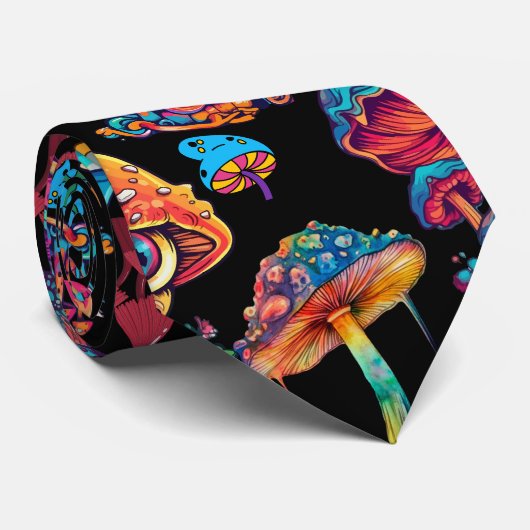 Cravate Motif de champignon psychédélique 3D Black BG (Roulé)