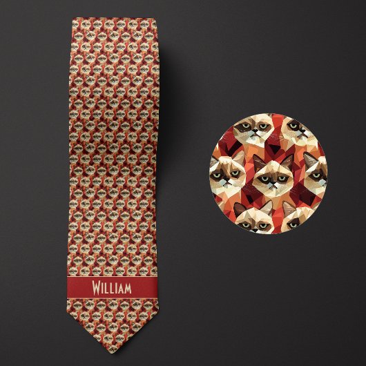 Cravate Motif de chat géométrique rouge brique