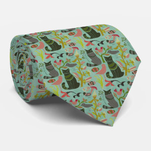 Cravate Motif de chats et d'oiseaux colorés rétro