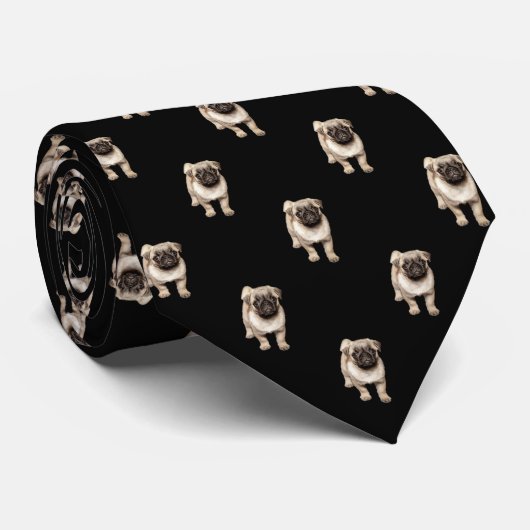Cravate Motif de chiot carlin sur noir (Roulé)