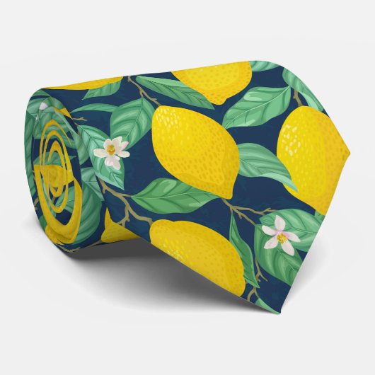Cravate Motif de citron bleu de la marine jaune  (Roulé)