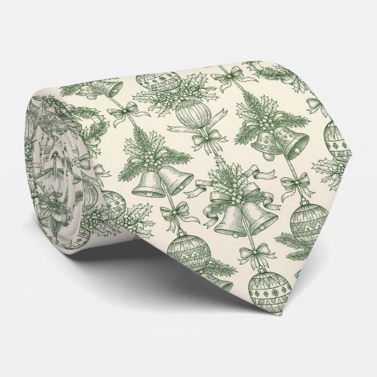 Cravate Motif de cloches et d'ornements de Noël Toile Vert (Roulé)