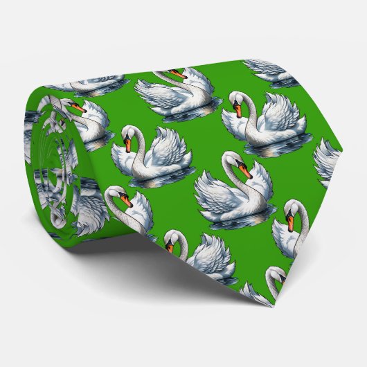 Cravate Motif de cygnes sur fond vert (Roulé)