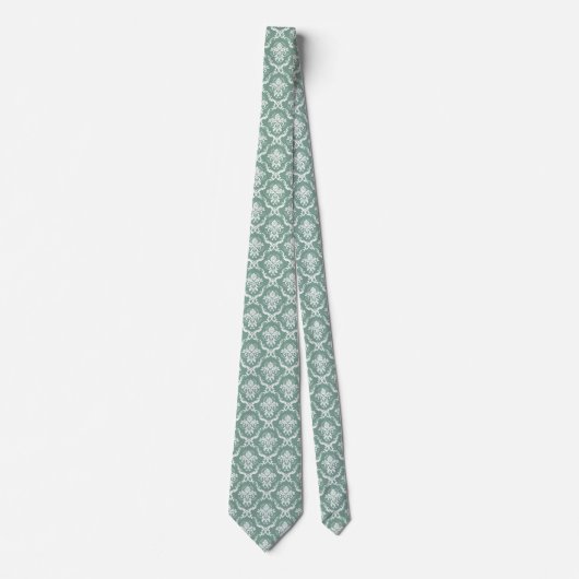 Cravate Motif de Damas florales blanc et vert Sage (Devant)