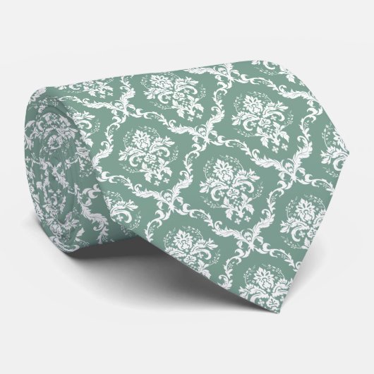 Cravate Motif de Damas florales blanc et vert Sage (Roulé)