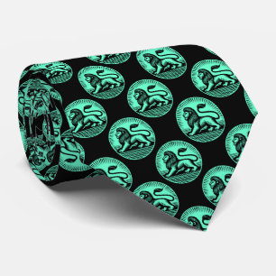 Cravate Motif de disque lion - Noir et turquoise sur fond 