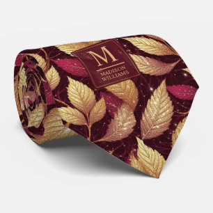 Cravate Motif de feuilles d'automne pailleté rouge bordeau