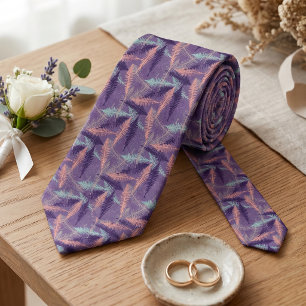 Cravate Motif de feuilles de fougère vert menthe violet or