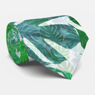 Cravate Motif de feuilles de palmier Monstera bleu vert tr
