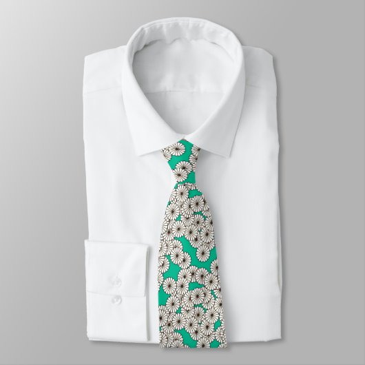 Cravate Motif de fleurs Art déco - blanc sur turquoise (Attaché)