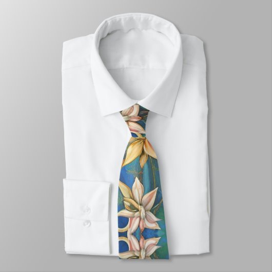 Cravate Motif de fleurs bleu, or et vert Amaryllis (Attaché)
