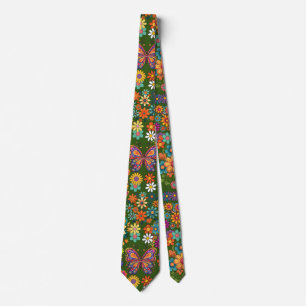 Cravate Motif de fleurs colorées rétro. B. Vert