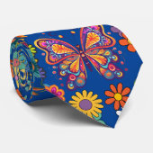 Cravate Motif de fleurs colorées rétro. BG bleu (Roulé)