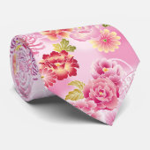 Cravate Motif de fleurs de pivoine chrysanthème rose  (Roulé)