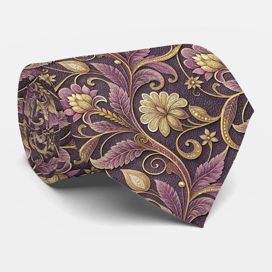 Cravate Motif de fleurs embossées violet et or (Roulé)