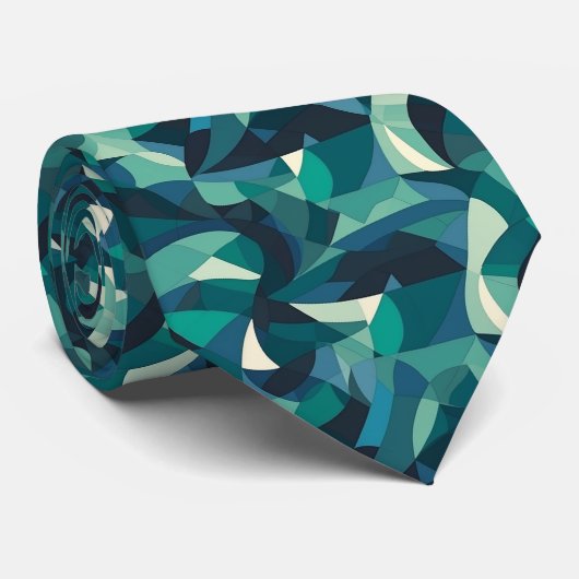 Cravate Motif de formes abstrait bleu et vert (Roulé)