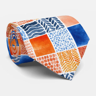 Cravate Motif de grille aquarelle vibrante en bleu et oran