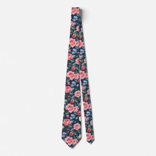 Cravate Motif de jardin floral bleu marine romantique