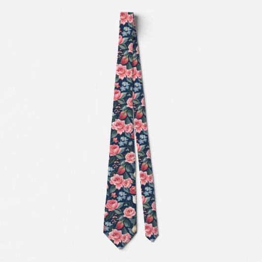 Cravate Motif de jardin floral bleu marine romantique (Devant)