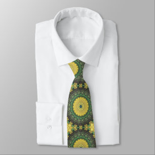 Cravate Motif de mandala kaléidoscope jaune et vert
