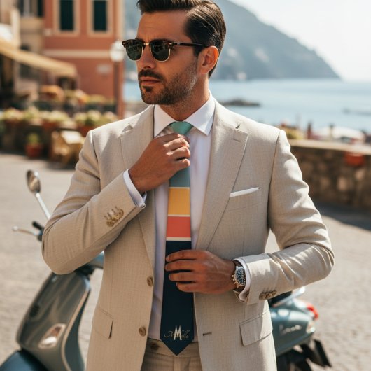 Cravate Motif de monogramme à rayures roses et bleues mari