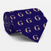 Cravate Motif de monogramme marron et bleu foncé (Roulé)