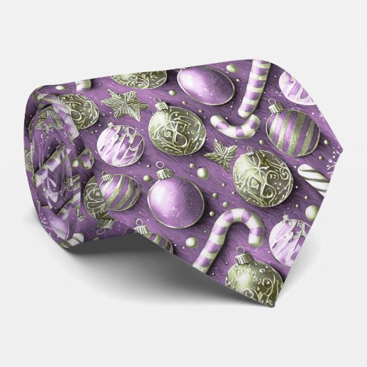 Cravate Motif de Noël vert violet #12 ID1009 (Roulé)