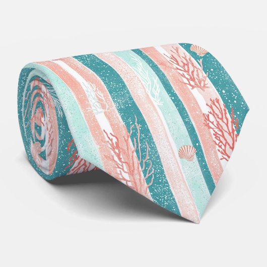 Cravate Motif de plage à rayures de corail côtier (Roulé)