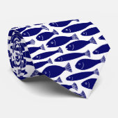 Cravate Motif de poisson - Bleu foncé sur blanc (Roulé)
