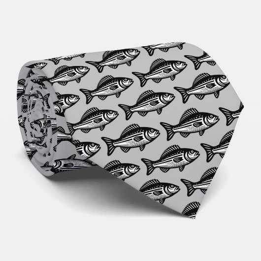 Cravate Motif de poisson - noir et blanc sur gris (Roulé)