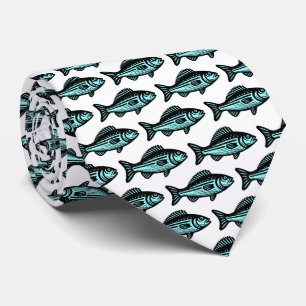 Cravate Motif de poisson - noir et bleu glacé sur blanc