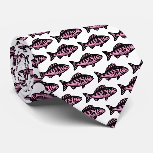 Cravate Motif de poisson - noir et rose sur blanc (Roulé)