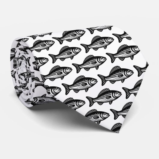 Cravate Motif de poisson - Noir sur blanc (Roulé)