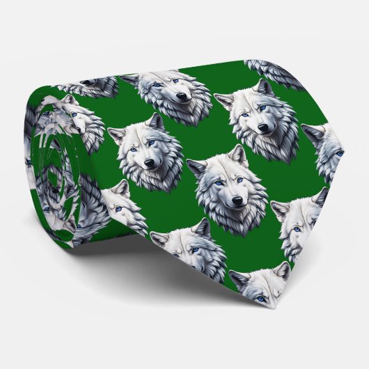 Cravate Motif de tête de loup blanc design vert  (Roulé)