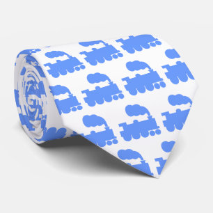 Cravate Motif de train à vapeur - Bleu bébé sur blanc