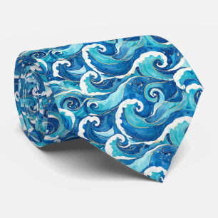 Cravate Motif de vagues à l'aquarelle bleu saphir de l'océ