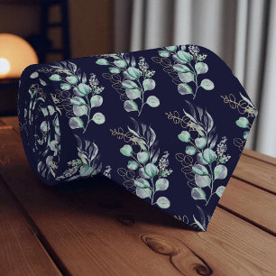 Cravate Motif de verdure d'eucalyptus bleu marine à l'aqua