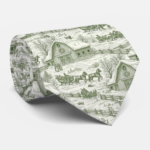 Cravate Motif de village de Noël vintage toile verte (4)