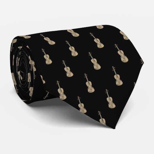 Cravate Motif de violon - Or sur noir (Roulé)