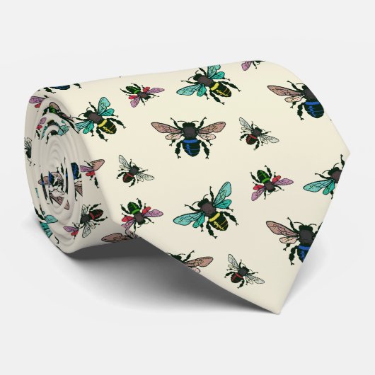 Cravate Motif des abeilles en effervescence Ecru (Roulé)