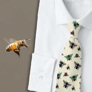 Cravate Motif des abeilles en effervescence Ecru