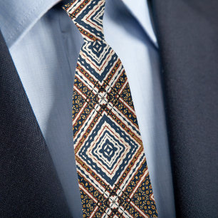 Cravate Motif diamant Crème Or Bleu Rouille