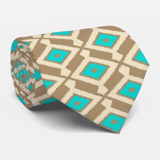 Cravate Motif d'Ikat - turquoise, Taupe et beige (Roulé)