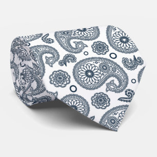 Cravate Motif en cachemire bleu foncé indien sur blanc